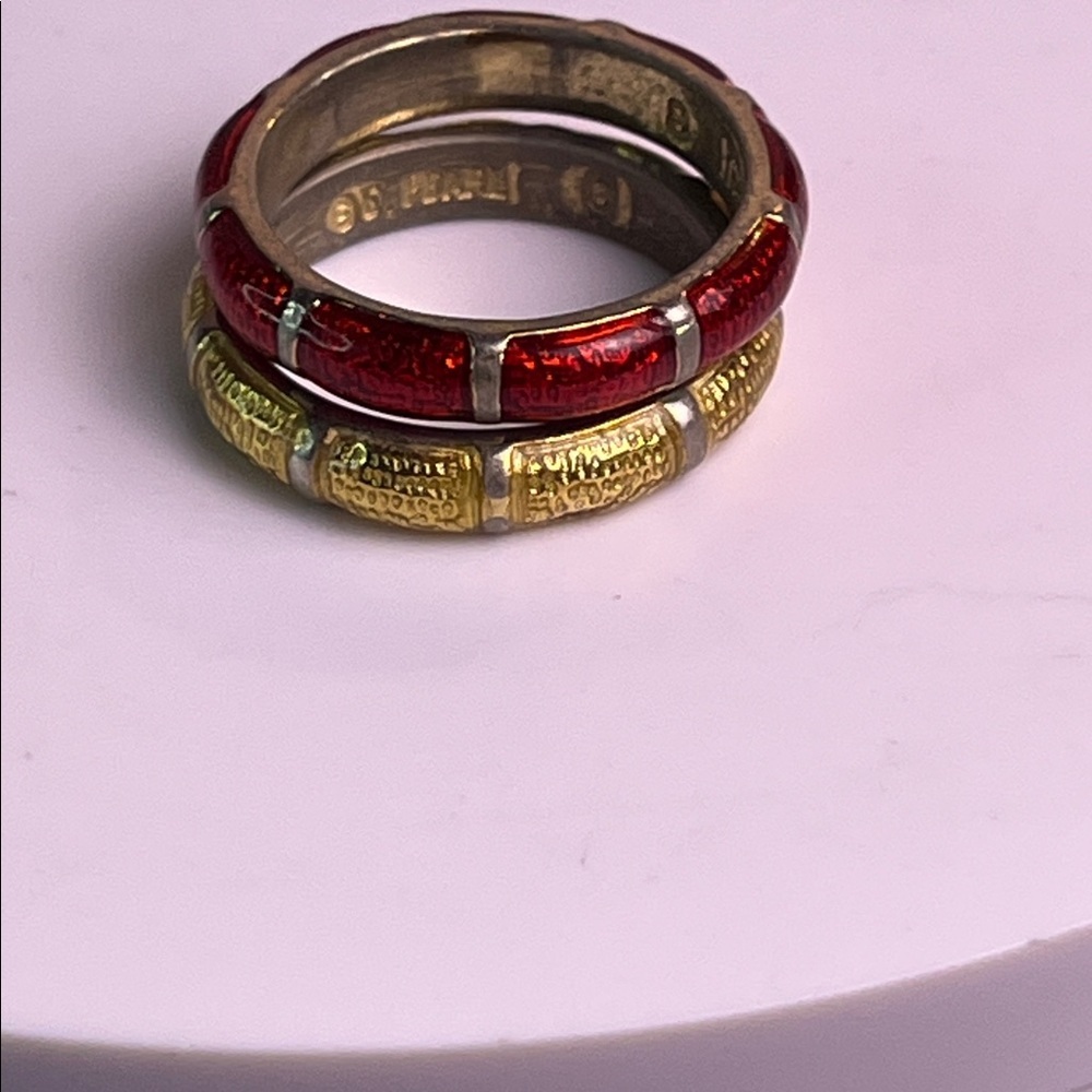 Vintage Erwin Pearl Red and Yellow Enamel Bamboo Rings Size 8 - Picture 3 of 5
